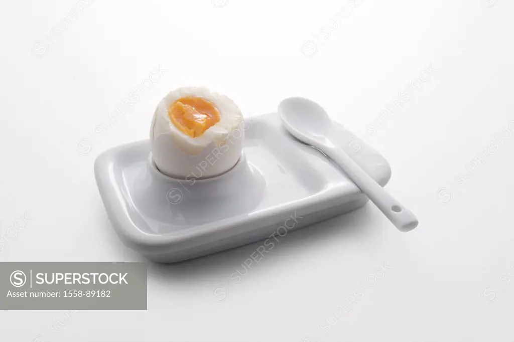 Eierbecher, spoon, Frühstücksei,    Series, food, egg, hen´s egg, soft-boiled, soft, bragged, Eierlöffel, porcelain, ceramics, color mood, color white...