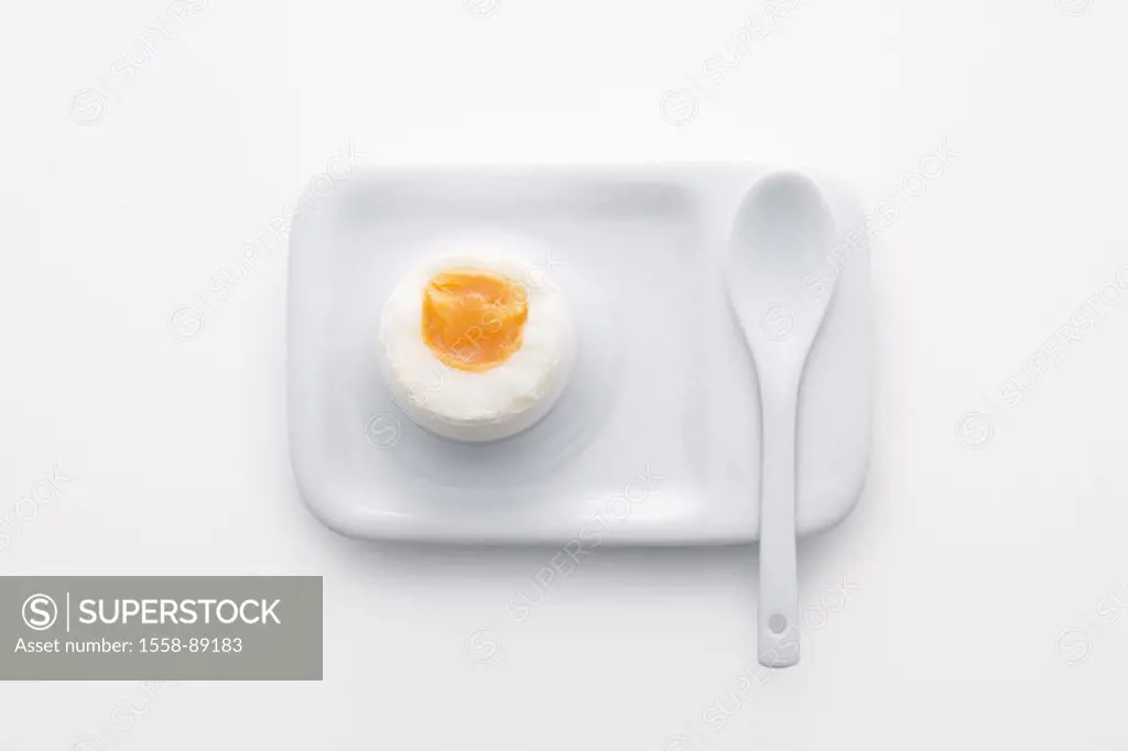Eierbecher, spoon, Frühstücksei,  from above,   Series, food, egg, hen´s egg, soft-boiled, soft, bragged, Eierlöffel, porcelain, ceramics, color mood,...