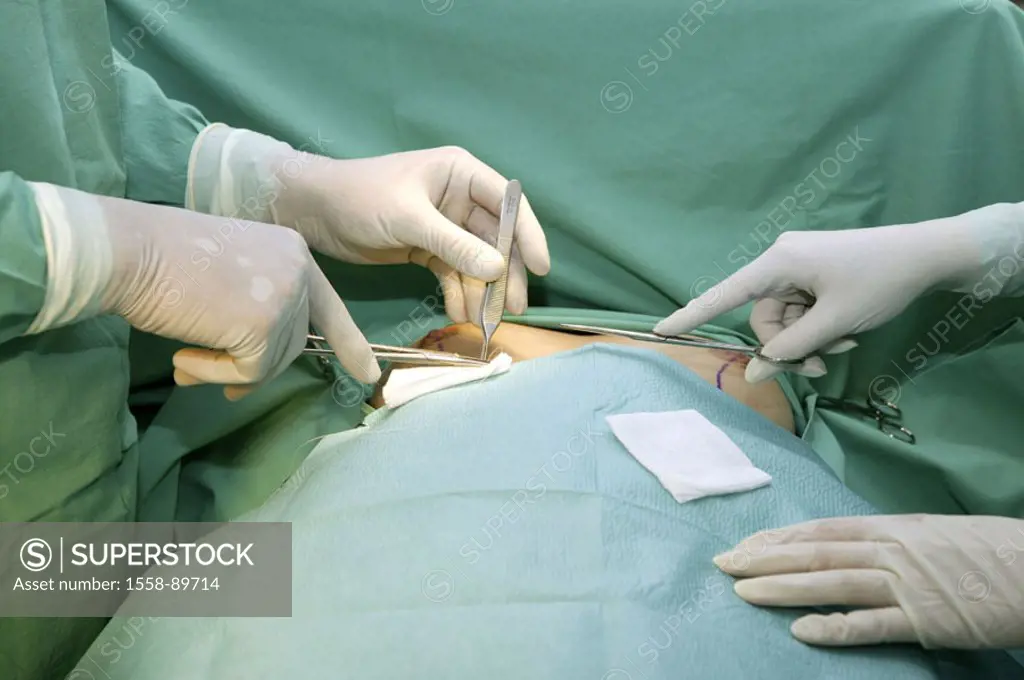 OP-Saal, medical team, detail, hands,  Female patient, breasts, markings,  Breast enlargement,  Series, plastic surgery, doctor, surgeon, OP-Schwester...