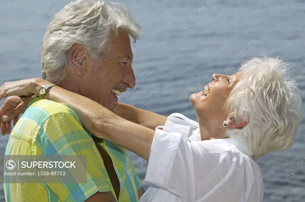Beach, senior couple, embrace,  cheerfully, profile,   Series, 50-60 years, well Age, seniors couple couple white-haired cheerfully, happily, joy, enj...