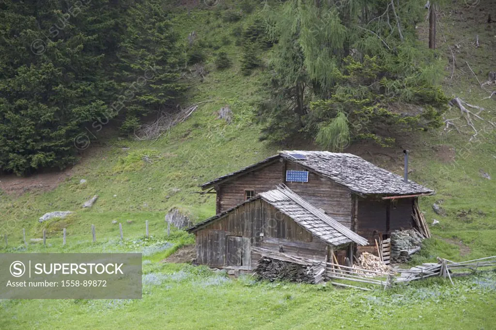 Mountain hut, solar collectors,   Austria, Carinthia, national park high Tauern, house, framehouse, cottage, Alm, Almhütte, sun collectors, solar tech...