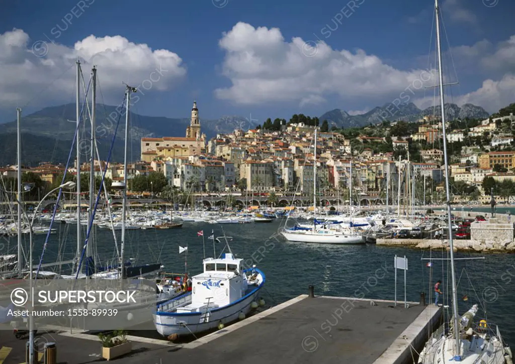 France, Cote d´Azur, Menton,  view at the city, marina,  Europe, Mediterranean, Département Alpes-Maritimes, resort, houses, church, harbor, ships, bo...