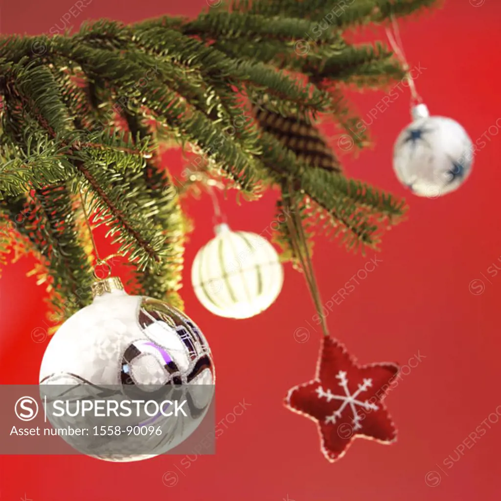 Christmas tree, detail, branches,  Christmas tree balls, star,   Christmas decoration, fir branches, decoration, balls, christmassy, background red, f...