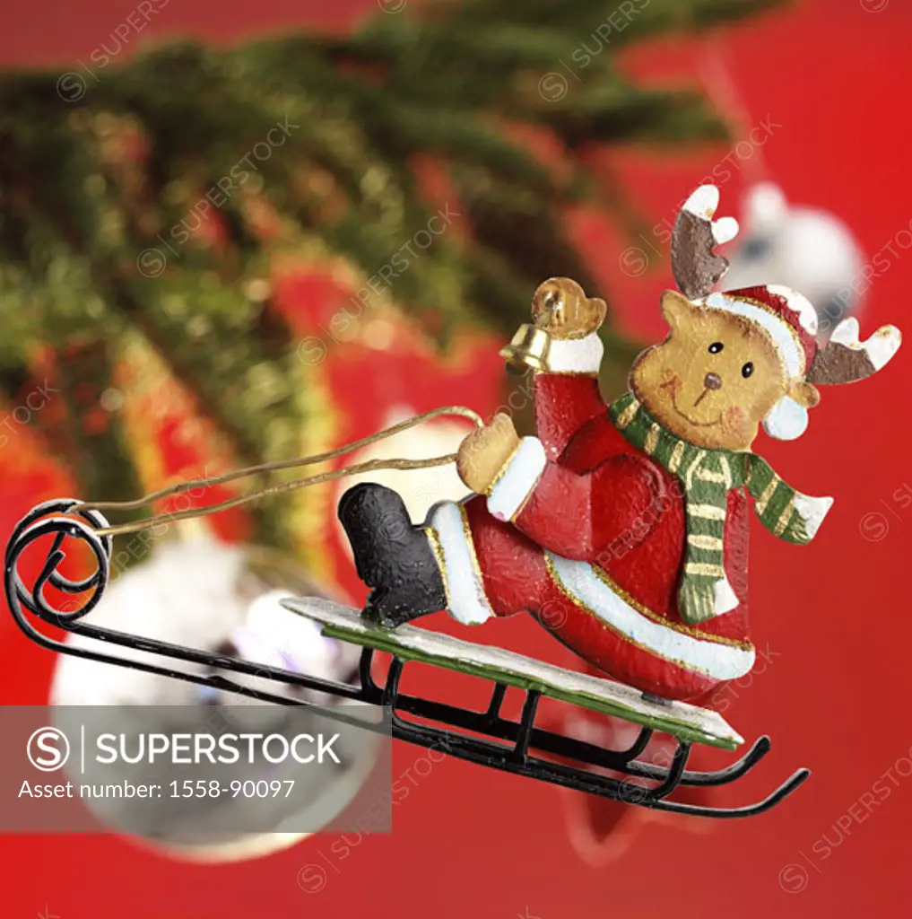 Sheet metal figure, reindeers, sleighs,  Christmas tree, detail, branches, Christmas tree balls,  Christmas decoration, fir branches, decoration, ball...