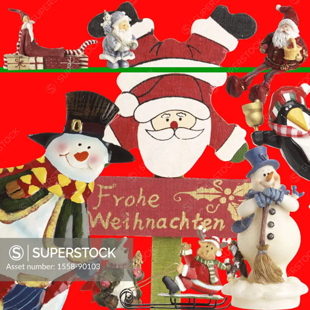 Christmas decoration, figures,  Nikoläuse, snowmen,  Composing, Decoration, Christmas figures, snowman figures, Nikolaus figures, elk, reindeers, peng...