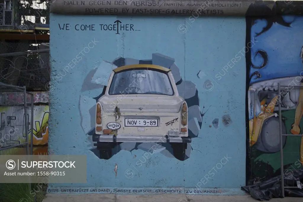 Germany, Berlin, east Side Gallery, Wall, graffiti, Trabbi, license plate, 09.11.1989 Painted Mauer-Gallerie, wall, sprays, car, Trabant, stern opinio...
