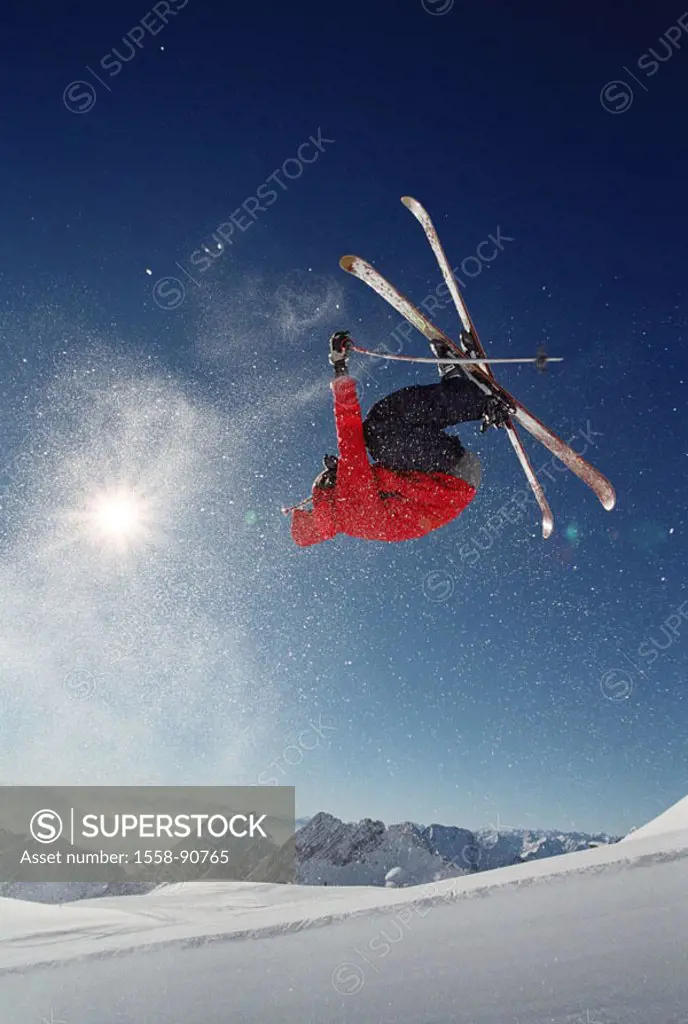 Skiers, jump, somersault, Action,  Dynamics, back light,   Mountains, Zugspitze, Skigebiet, Halfpipe, man, athletes, skiing, snow, winters, winter spo...