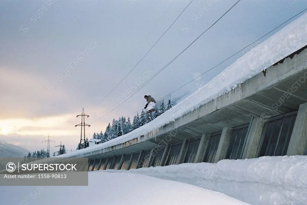 Austria, Zürs at the Arlberg, skiers,  Jump, street tunnels, Action, dynamics,   Man, athletes, skiing, snow, winters, winter sport, skis, jumps, extr...