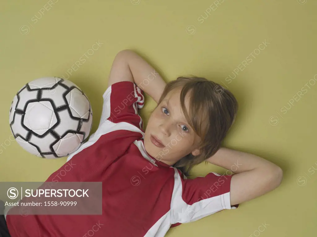 boy, floor, lie, gaze camera, Football, from above,   Series, 8-12 years, child, soccer players, sportswear, jersey, ball, pause, exhaustion, resting,...
