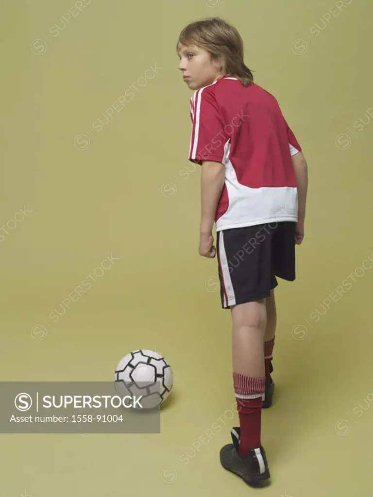 boy, soccer games, view from behind,  interior,   Series, 8-12 years, child, soccer players, sportswear, jersey, shorts, football shoes, ball, leather...
