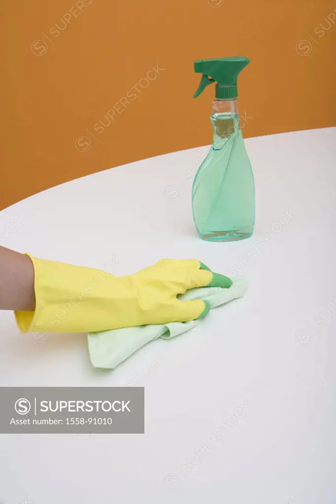 Table, woman, detail, hand,  Rubber glove, Wischtuch,  Cleaner, wipes off,  Household, cleaning woman, housewife, finery glove, glove, finery utensils...