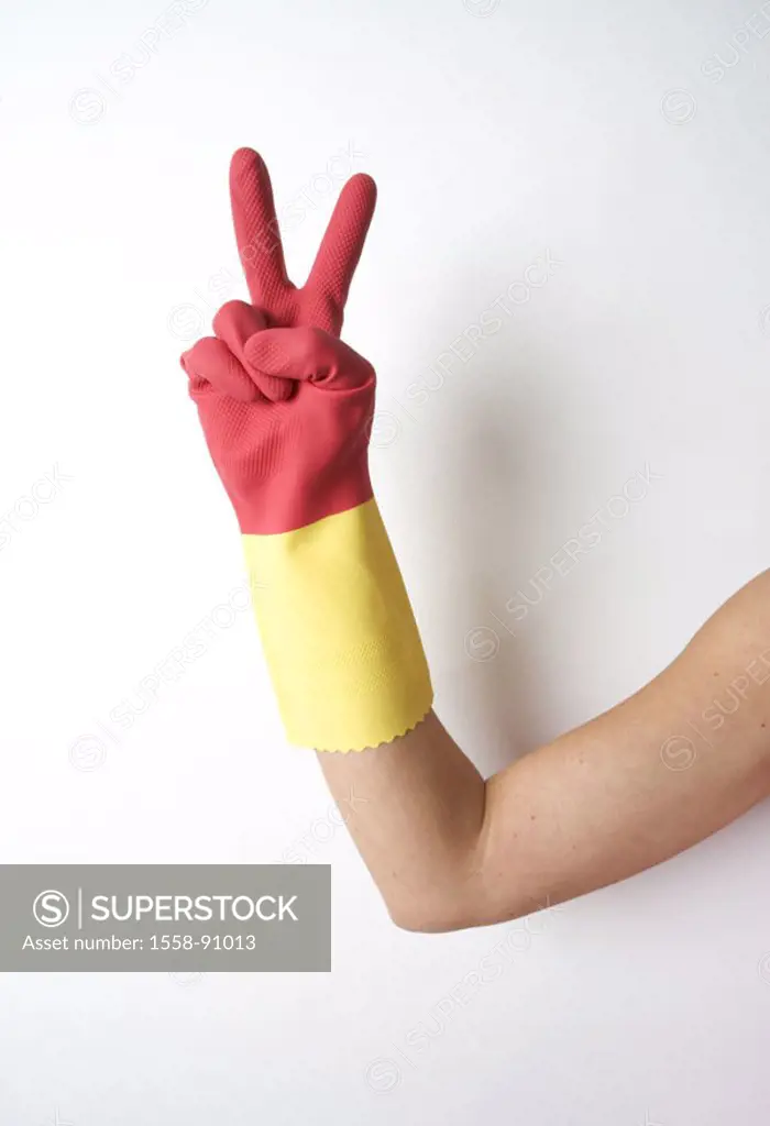Woman, detail, arm, rubber glove, Gesture, Victory-Zeichen,   Household, cleaning woman, housewife, hand, finery glove, glove, signals, peace signs, p...