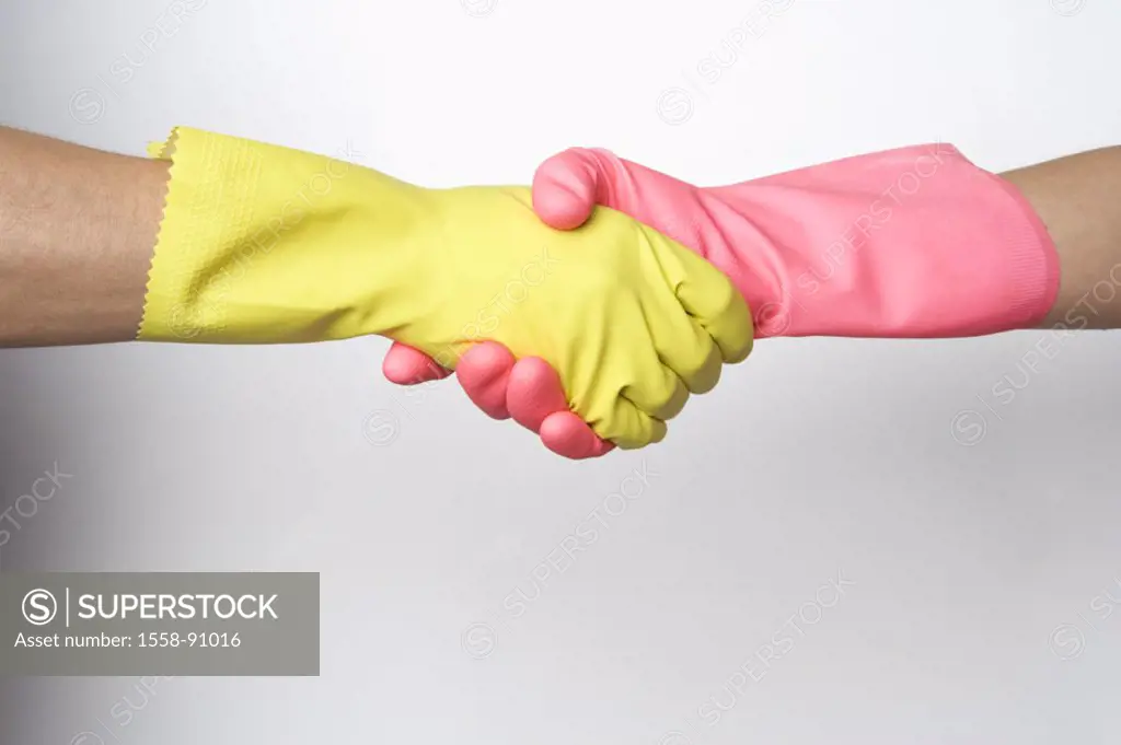 couple, detail, poor, rubber gloves, Gesture, handshake,   Household, people, two, man, woman, gloves, finery gloves, hands shake, indoors, studio fre...
