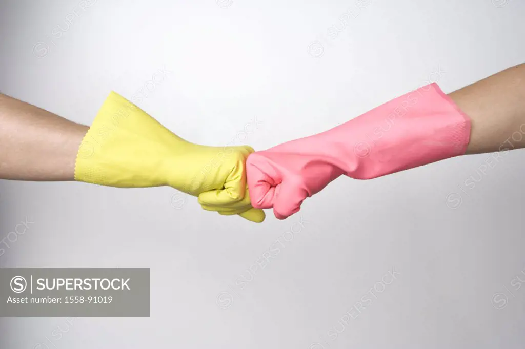 couple, detail, poor, rubber gloves, Gesture, fists, presses, pushing, mutually, disagreement,  Household, people, two, man, woman, gloves, finery glo...