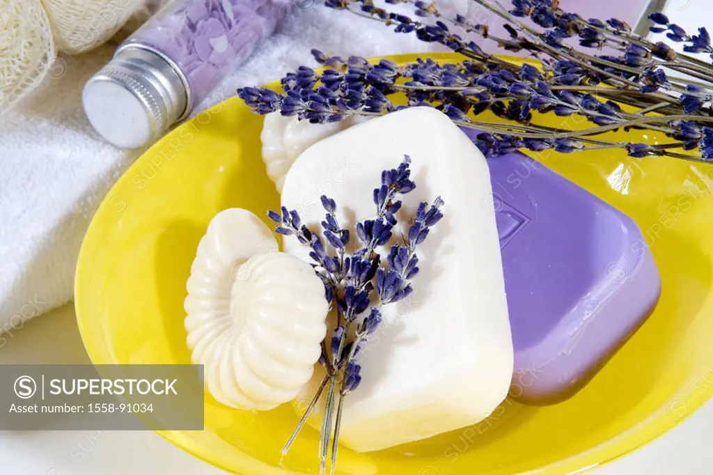 Bath utensils, soaps, lavender flowers,    wareh piece, different, bath additions, blooms, lavenders, symbol, personal hygiene, body hygiene, hygiene,...