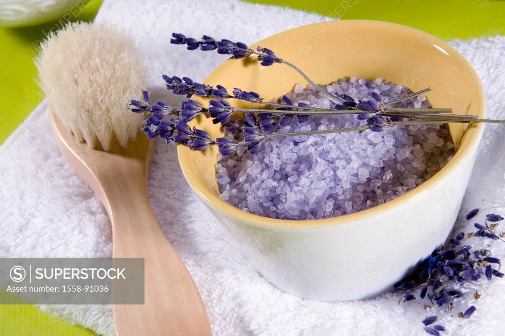 Bath utensils, peel, lavender flowers,  Massagebürstchen,   Porcelain peel, bath addition, lavenders, blooms, brush, massage brush, towel, symbol, per...