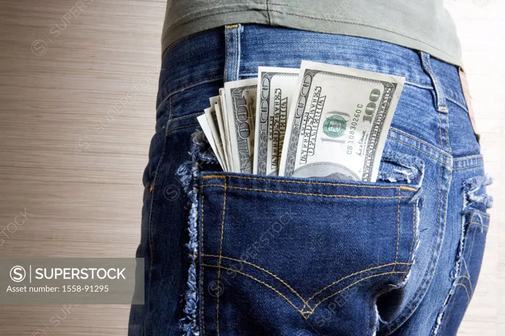Person, detail, jeans, back pocket,,  Dollar bills,   Woman, jeans, pants bag, money, currency, means of payment, bills, dollar music, dollar, paper m...