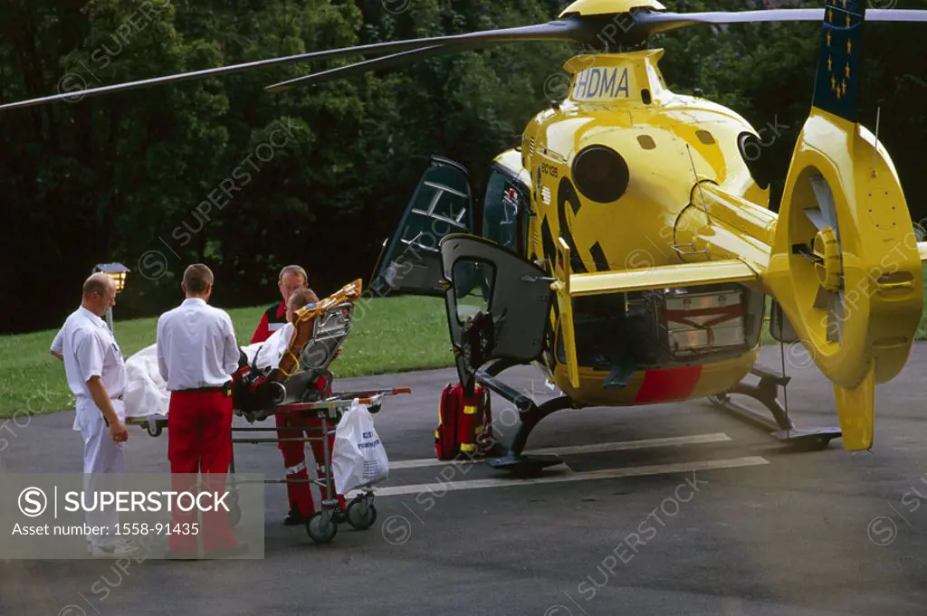 Rescue helicopters, landing field, Sick person stretcher, patient, doctors, , only editorially, Heliport, ADAC-Hubschrauber, Helokopter, Eurocopter, e...