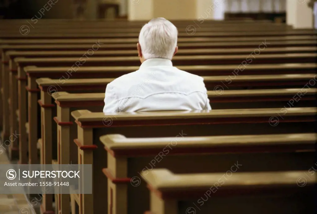 Church, pews, senior, view from behind, ,  Germany, chapel, man, creditors, indoors, concept, hope, belief, prayer, prayer, loneliness,