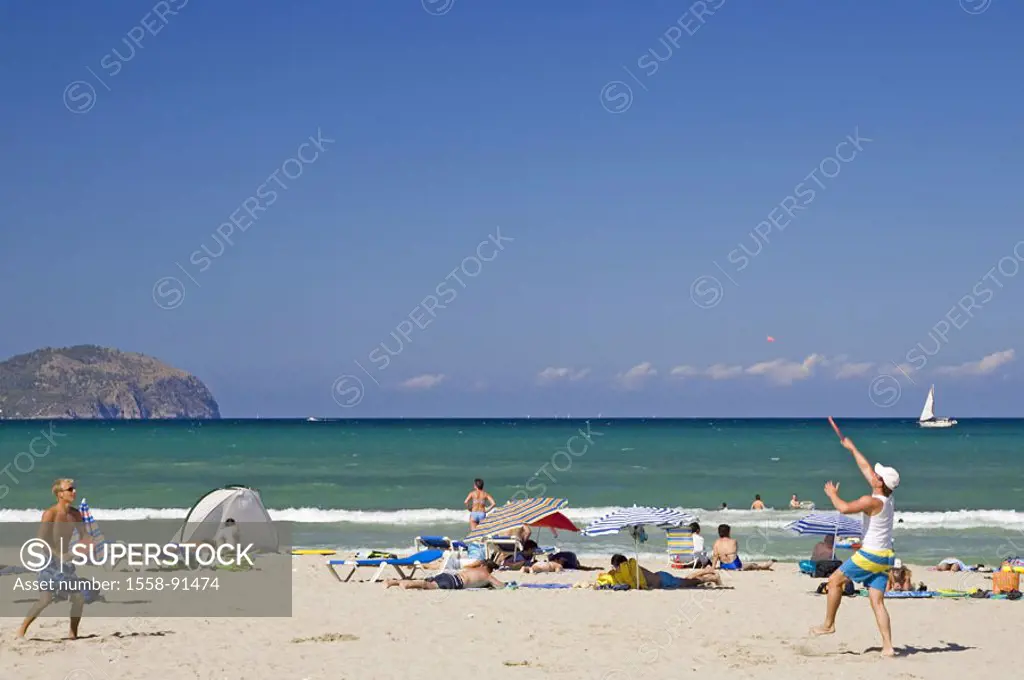 Spain, island Majorca, Can pica fort,  Sandy beach, swimmers,   Mediterranean island, Mediterranean, , beach, beach, tourists, sunbath, suns, recupera...