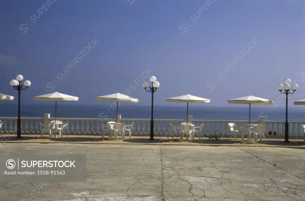 Sea, riparian promenade, tables, chairs,  Parasols, lanterns,   Greece, Zakynthos, Argassi, Ionic islands, island, vacation, summer, sun, water, prome...
