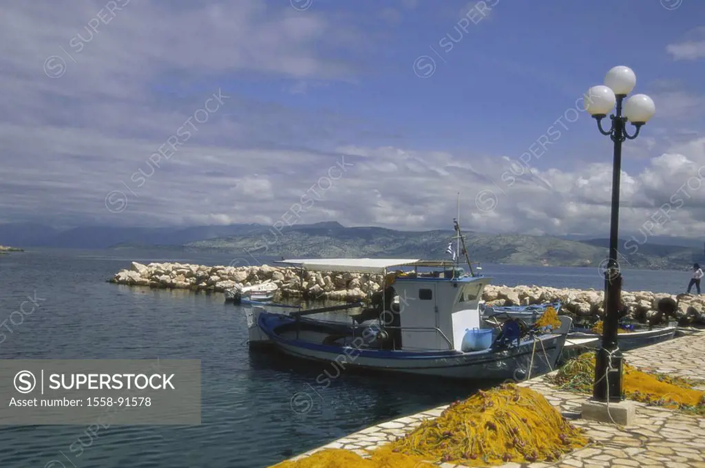 Greece, Corfu, Kassiopi,  Harbor, fish cutters,   Ionic islands, island, vacation island, place, Ionic sea, motorboats, fisher boat, cutters, networks...