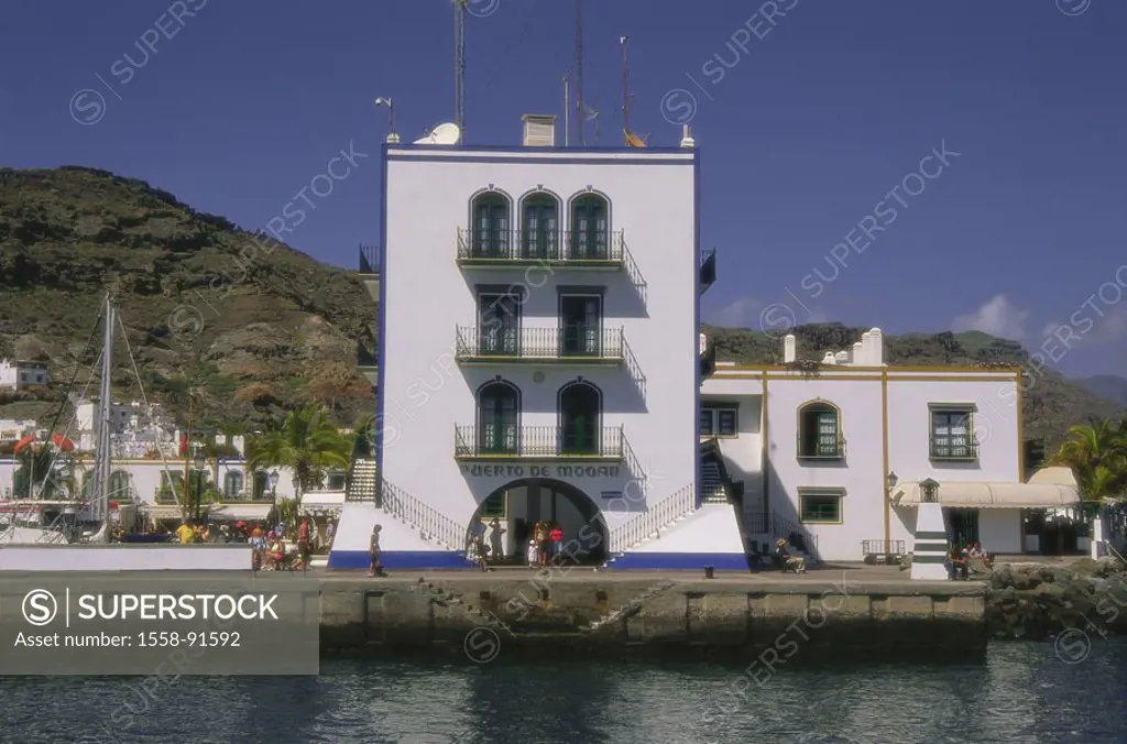 Spain, Canary islands, grain Canaria,  Puerto de Mogan, harbor buildings,   Canaries, island, sea, marina, harbor, buildings, registration, registry, ...