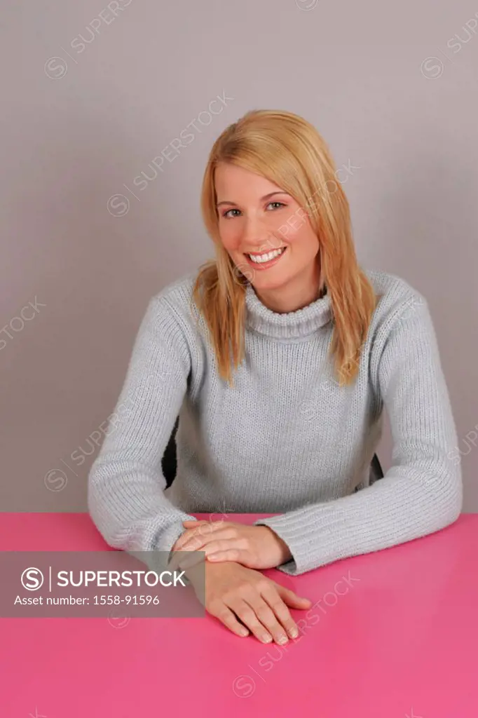 Woman, young, blond, Halbporträt, laughing,    Series, 20-30 years, long-haired, gaze camera, smiling, sweaters, rope sweaters, turtlenecks, naturalne...