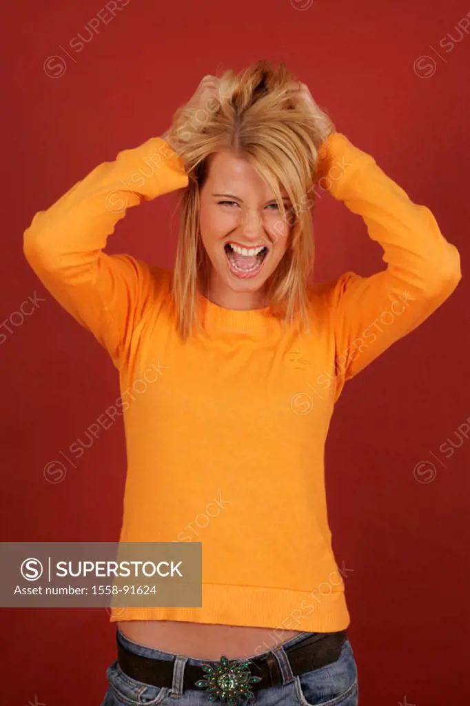 Woman, young, blond, top orange, Gesture, ´hair, anger, pulls´ fury,  Half portrait,  Series, 20-30 years, long-haired, gaze camera, descouple, stick ...