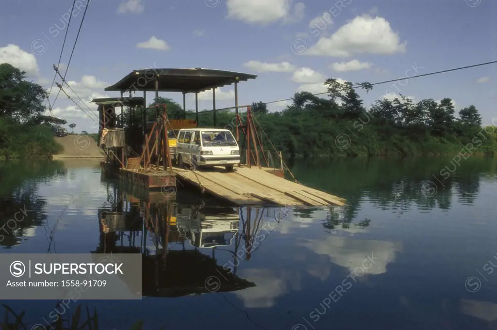 Belize, river Monkey River, Flussfähre, Cars,   Latin America, Central America, central America, waters, river, ferry, rope ferry, watercraft, transpo...