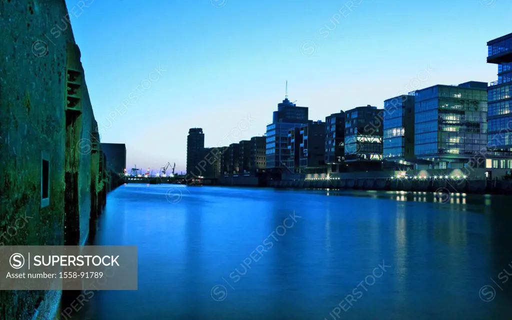 Germany, Hamburg, Sandtorhafen,  Twilight,   Port, waters, river, canal, buildings, construction, office buildings, business houses, lights, twilight,...