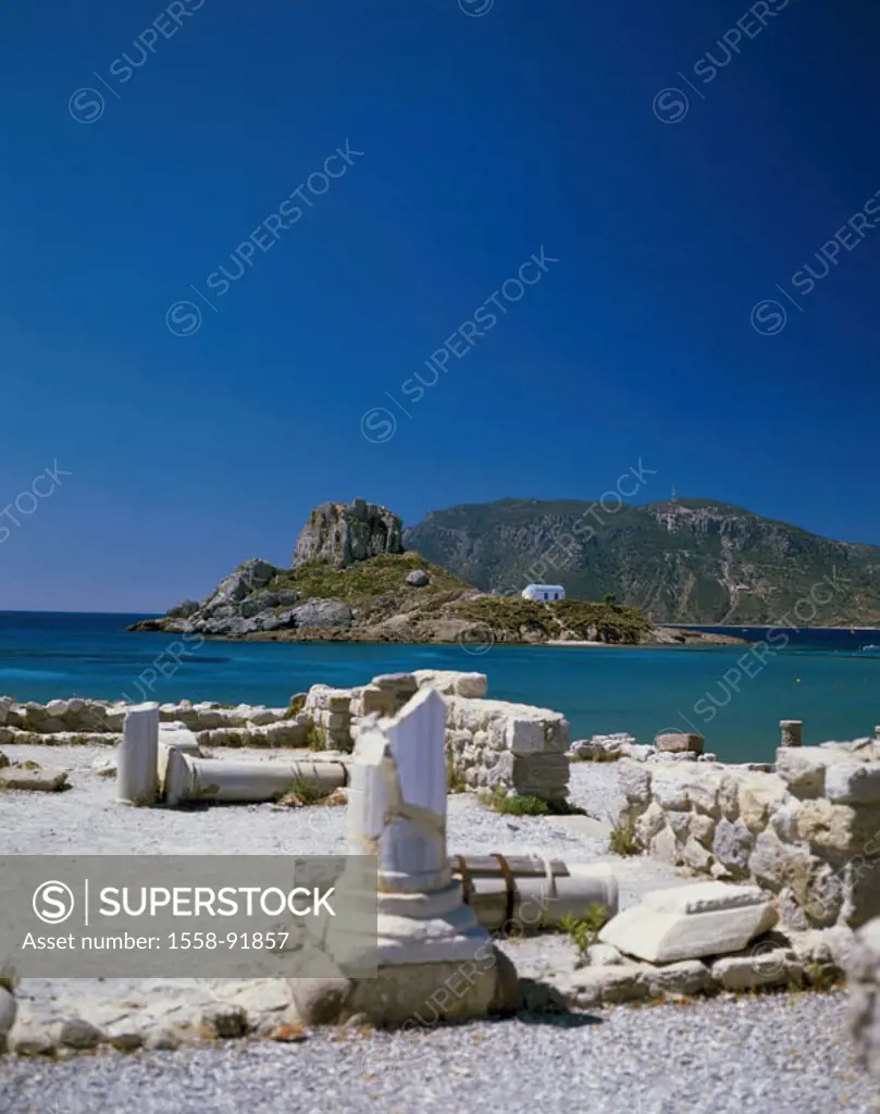 Greece, Dodekanes, island of caressing,  Kefalos, Karmari, basilica premiums Stefanos,  Remains, rock island Kastri,  Europe, Mediterranean island, co...