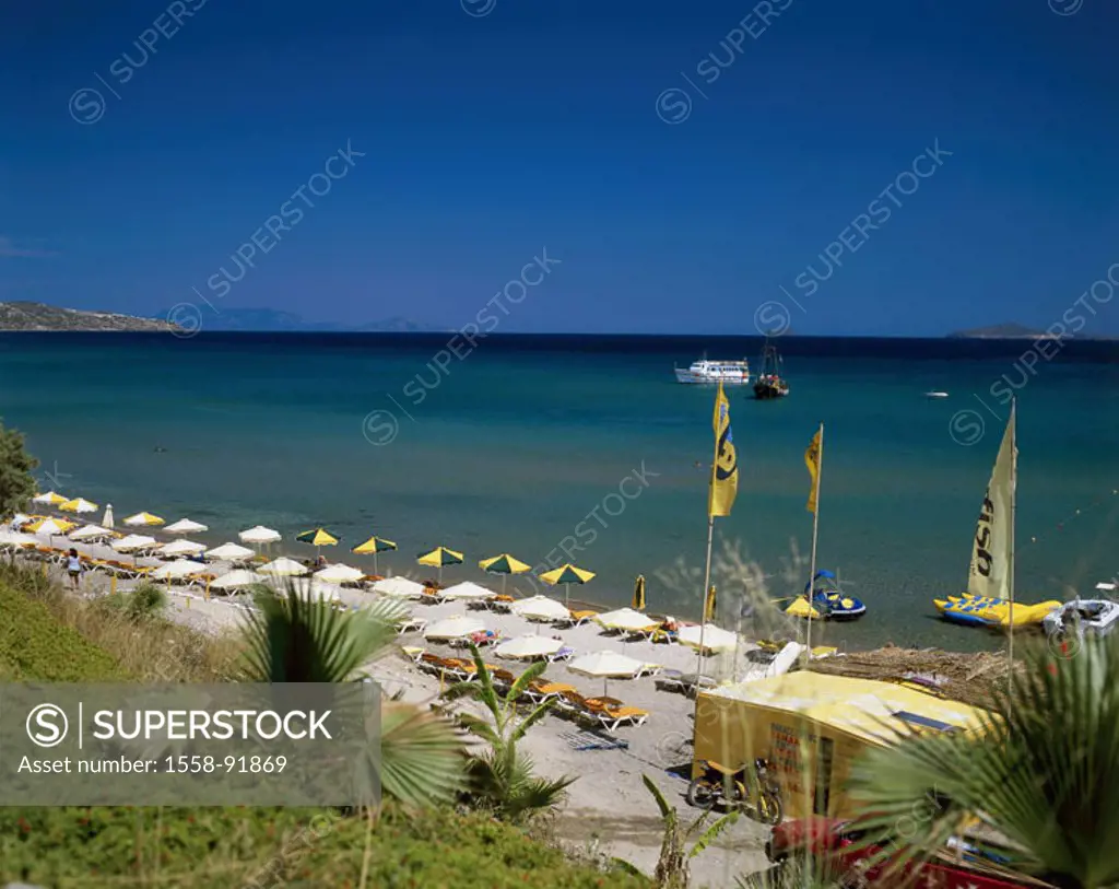 Greece, Dodekanes, island of caressing,  Paradise Beach, beach, deck chairs,  Parasols, swimmers,  Europe, Mediterranean island, destination, tourism,...