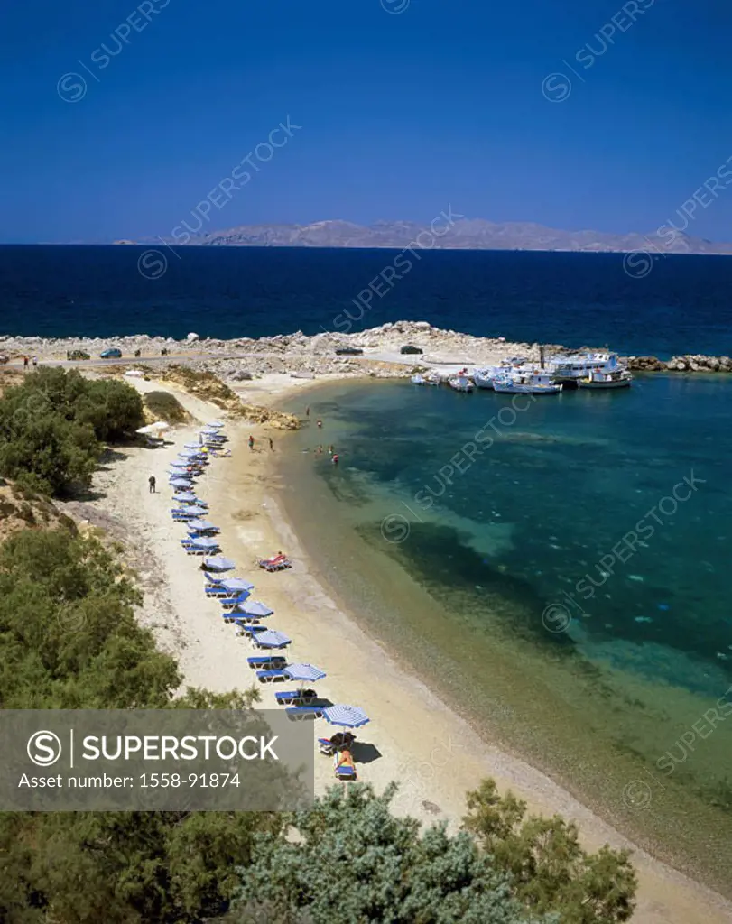 Greece, Dodekanes, island of caressing,  Limionas, bath bay, beach, deck chairs,  Parasols,  Europe, Mediterranean island, destination, tourism, sea, ...