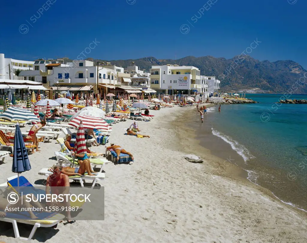 Greece, Dodekanes, island of caressing,  Kardamena, skyline, beach,  Swimmers,  Europe, Mediterranean island, destination, place, houses, hotels, sand...
