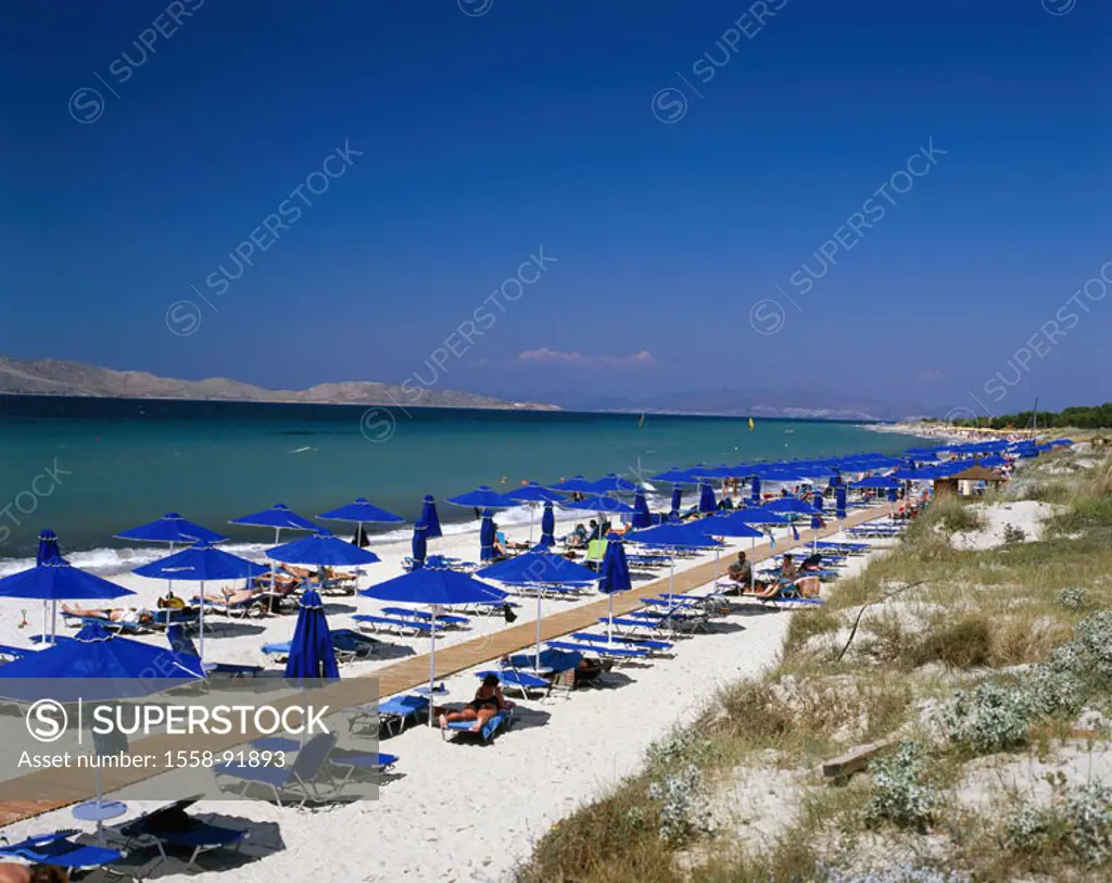 Greece, Dodekanes, island of caressing,  Marmari, beach, deck chairs,  Parasols,  Europe, Mediterranean island, destination, coast place, tourism, tou...