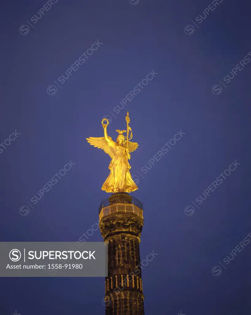 Germany, Berlin, zoo, Siegessäule, detail, illumination,  Evening,  Europe, capital, place ´big star´, column, ´Siegesgöttin Viktoria´, angels, golden...