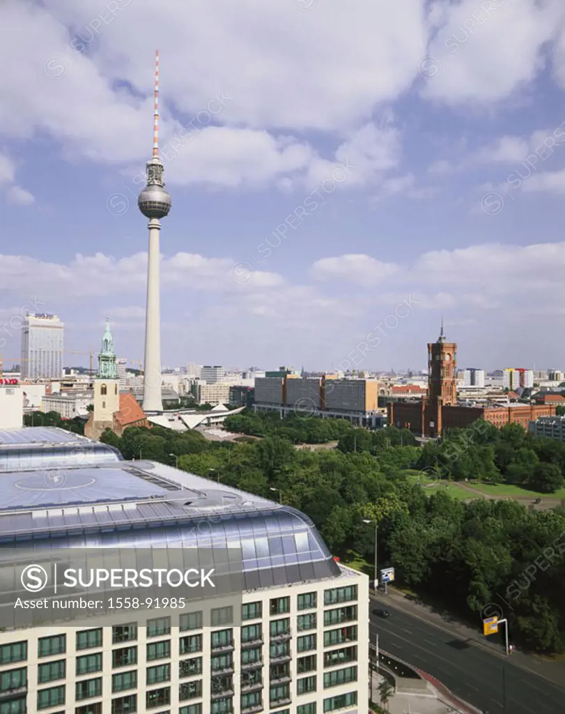 Germany, Berlin, view at the city,  Town hall, Fernsehturm,   Europe, city, capital, city, buildings, constructions, architecture, Alexander place, he...