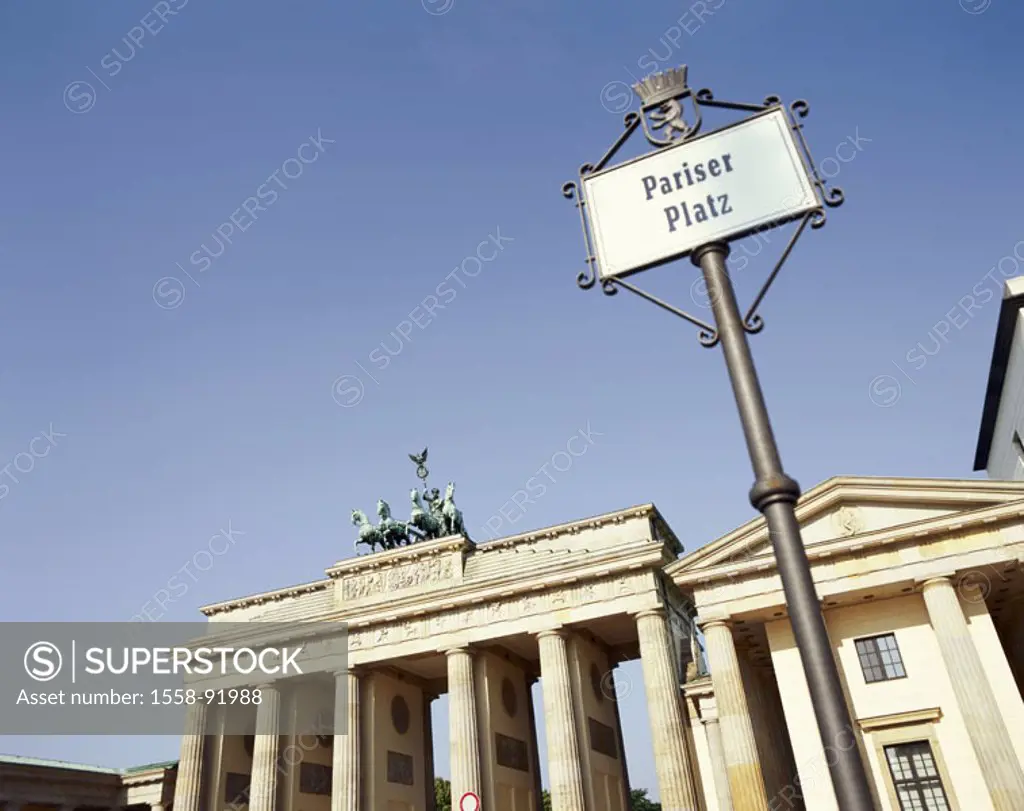 Germany, Berlin, Parisian place,  Brandenburg gate, detail, Quadriga,   Europe, capital, sight, architecture, gate construction, foursome, Siegesgötti...