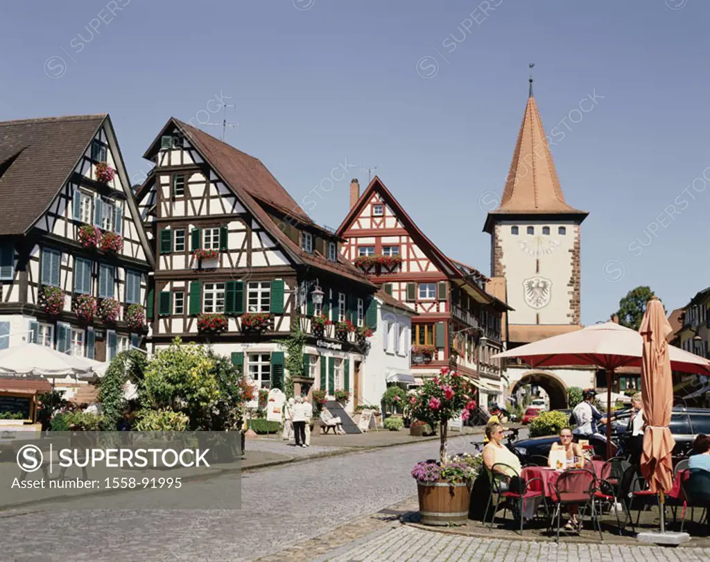 Germany, Baden-Württemberg,  Gengenbach, timbered houses,  Street cafe,  Europe, Black forest, Kinzigtal, city, sight, houses, residences, historic, o...