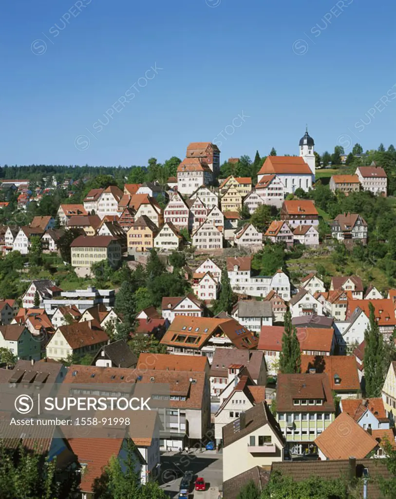 Germany, Baden-Württemberg,  Elderly steep track, view at the city,   Series, Europe, Black forest, city, sight, houses, residences, church, season, s...