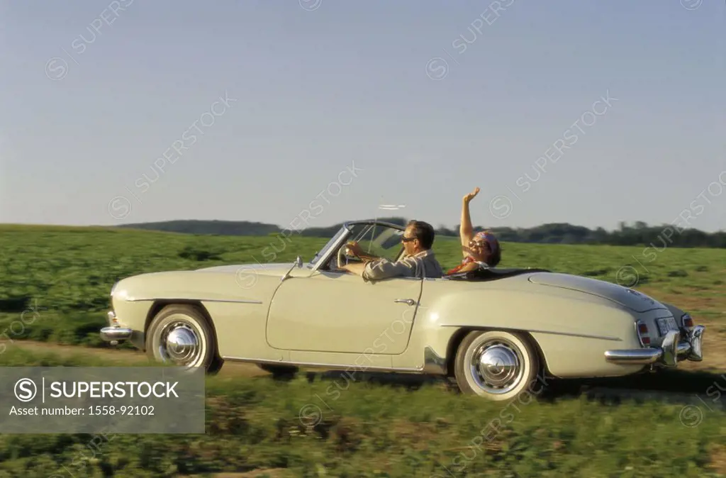 couple, well Age, cheerfully, old-timers, Cabrio,  drives, on the side, country road,   Series, 50-60 years, partnership, relationship, happily, fun, ...