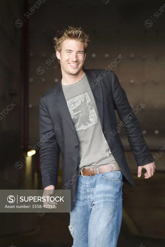 Man, young, jeans, jacket, going,    20-30 years, unshaven, Dreitagebart, clothing, nonchalant, casual, movement, cheerfully, gaze camera, dynamically...