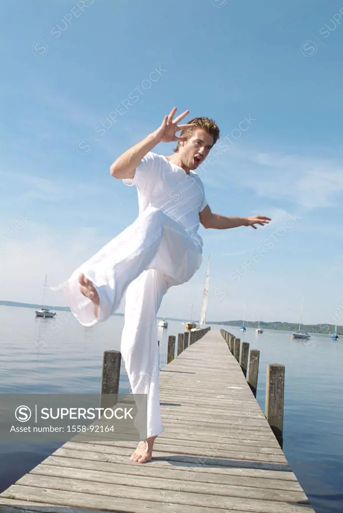 Man, young, nakedfoot, sea, Bootssteg,  Gesture, jump,   Series, 20-30 years, clothing, white, leisurewear, summer, outside, leisure time, carelessly,...