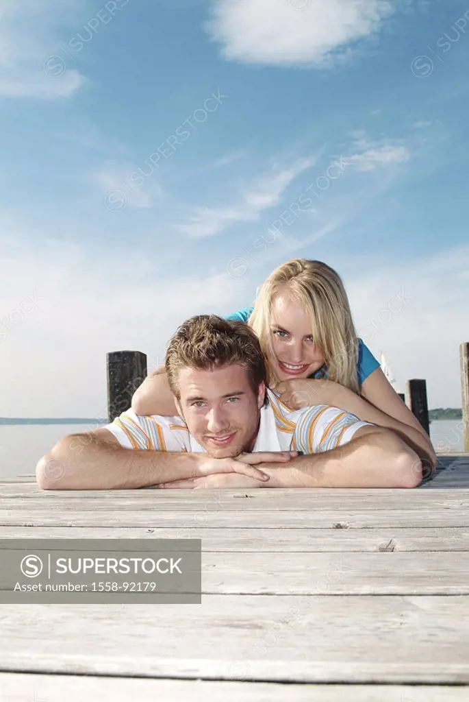 Pair, young, happily, sea, Bootssteg,  lies, one on top of the other,   Series, 20-30 years, love, partnership, relationship, falls in love cheerfully...