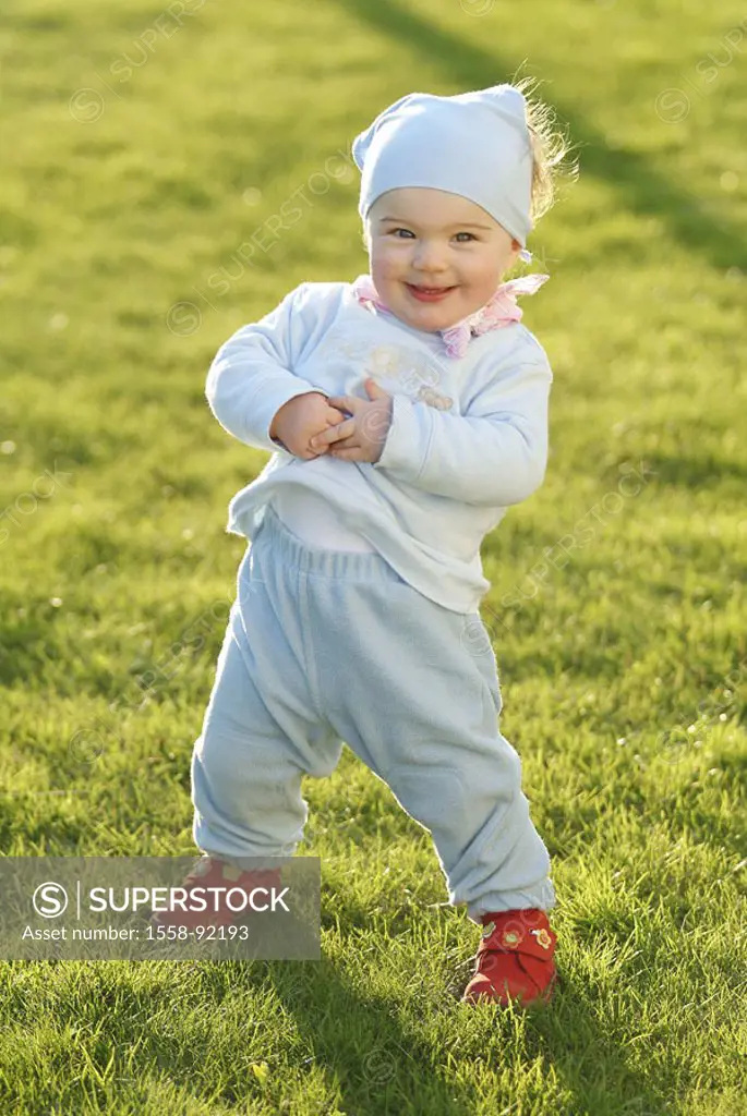 Meadow, toddler, girls, smiling,  stand,   Series, child, 1-2 years, kerchief, headgear, childhood, happily, cheerfully, grinning, gaze camera, test r...
