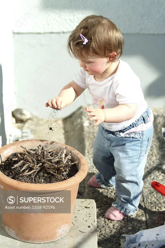 Toddler, girls, flowerpot, earth,  playing, on the side,   Child, 1-2 years, activity, standing experience, development phase learning process childho...