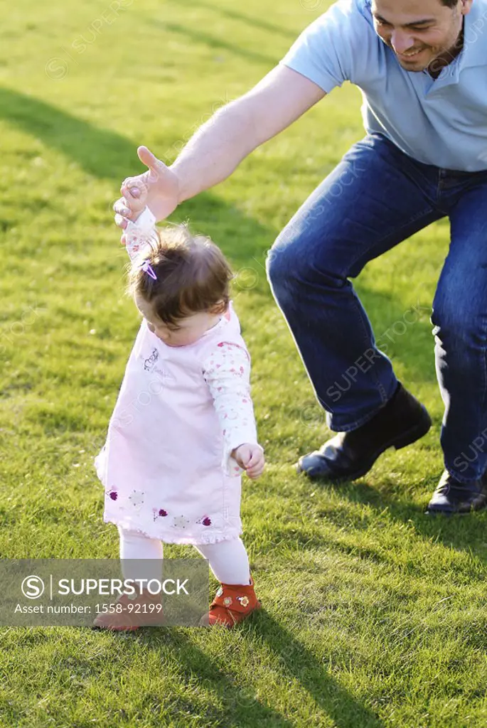 Meadow, father, daughter, hand,  holding, test run,   Man, 30-40 years, parent, child, toddler, 1-2 years, baby, experience, development, development ...