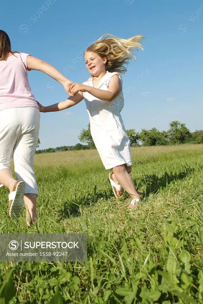 Meadow, girls, Ringelrein,  truncated,   Children, friends, two, 7-10 years, hands holding, jumps, dances, movement, circle, fun, joy, summer, outside...