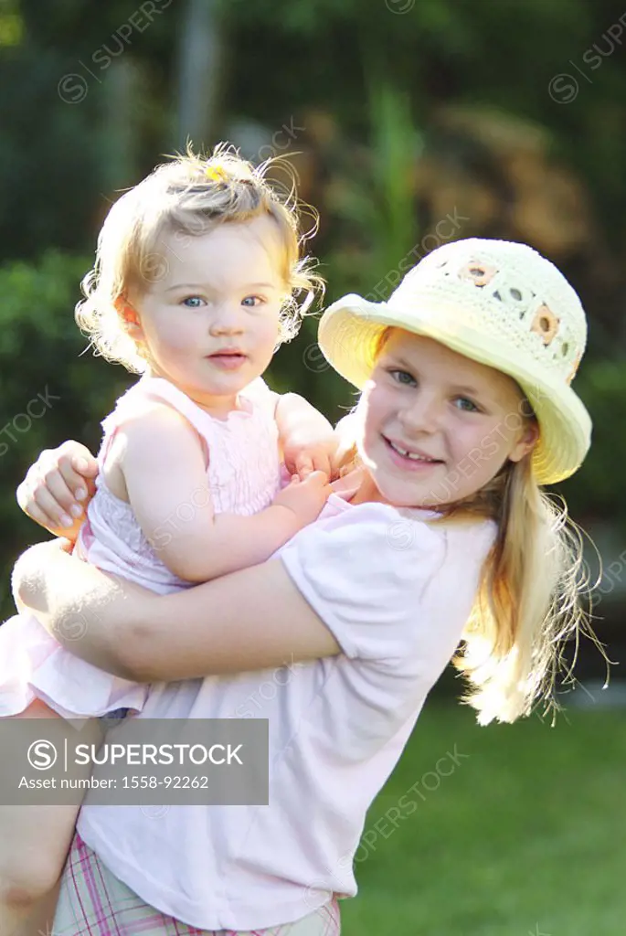 Girls, smiling, toddler, holding,  Half portrait,   Children, sisters, siblings, baby, 1-2 years, 7-10 years, hat, headgear, love, concerns, welfare, ...